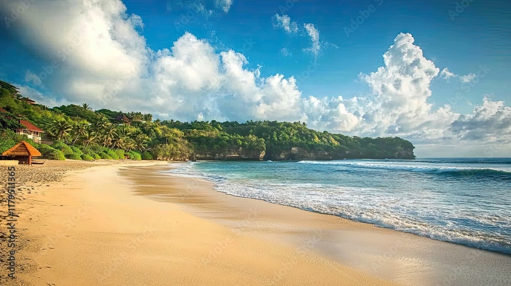Tropical beach sunrise, ocean waves, cliff, palm trees, idyllic vacation scene. Tropical beach sunrise, ocean waves, cliff, palm trees, idyllic vacation scene.