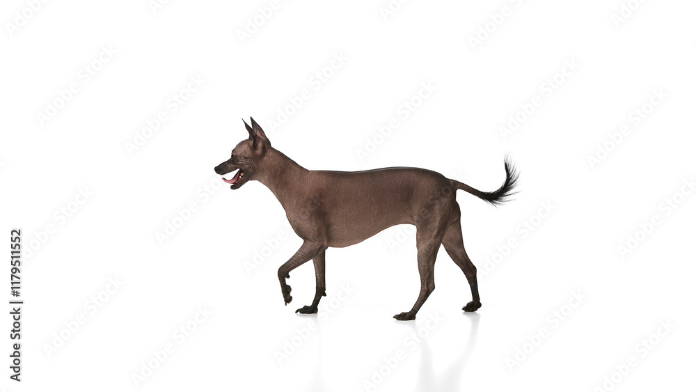 Purebred hairless Xoloitzcuintli Mexican dog in motion, walking against white background. Pet training. Concept of animals, vet care, pets, companion. Copy space for ad Purebred hairless Xoloitzcuintli Mexican dog in motion, walking against white background. Pet training. Concept of animals, vet care, pets, companion. Copy space for ad