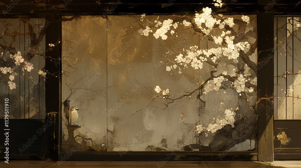 Obraz premium Japan, Japanese pattern, art, folding screen picture, gold, wabi, rust, Japanese spirit, Japanese painting, ink painting, ink painting, classic, ancient art, nightingale, bird, plant, vase, flower, 