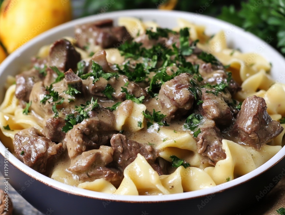 A bowl of creamy beef stroganoff A bowl of creamy beef stroganoff