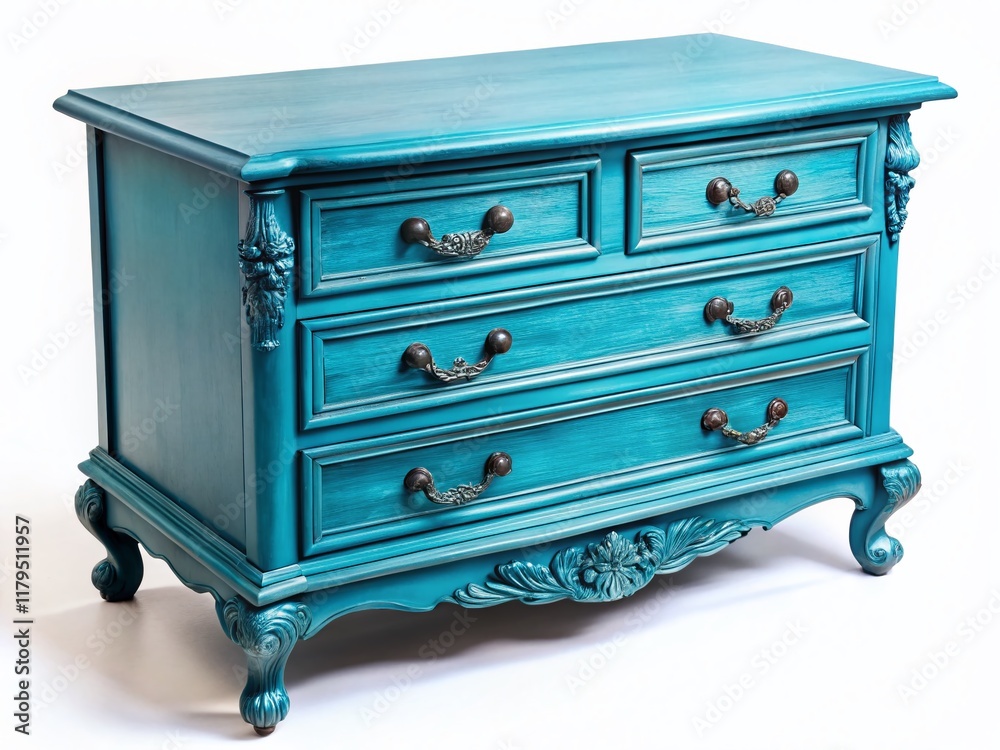 Elegant Blue Wooden Dresser, Isolated on White Background - High-Resolution Aerial Stock Photo Elegant Blue Wooden Dresser, Isolated on White Background - High-Resolution Aerial Stock Photo
