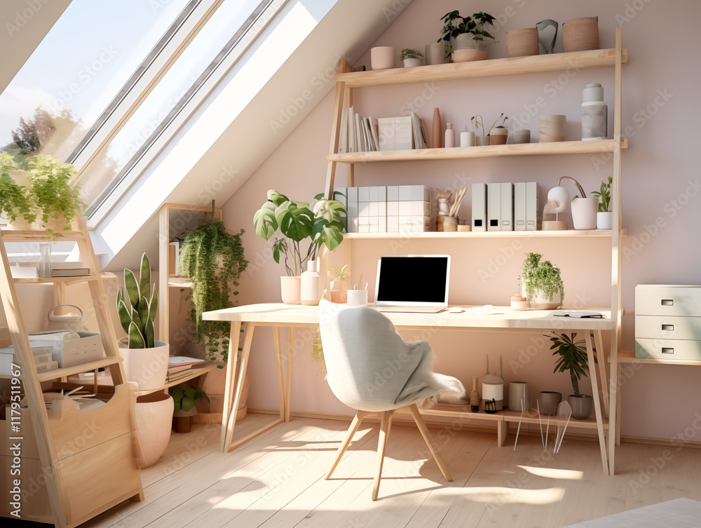 Fototapeta premium Simple minimalist scandinavian style home office with natural wood furniture in neutral colors. Home office with desk and shelves.