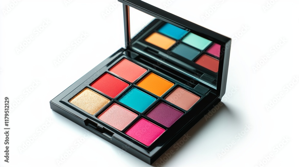 A colorful makeup palette with bold shades, opened and isolated on white, A colorful makeup palette with bold shades, opened and isolated on white,