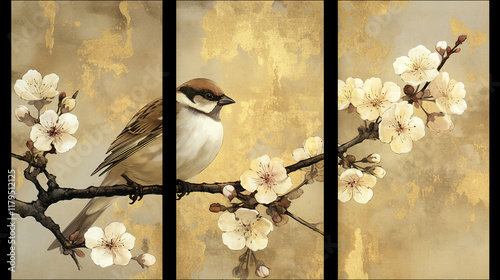 Japan, Japanese pattern, art, folding screen picture, gold, wabi, rust, Japanese spirit, Japanese painting, ink painting, ink painting, classic, ancient art, nightingale, bird, plant, vase, flower,  photo