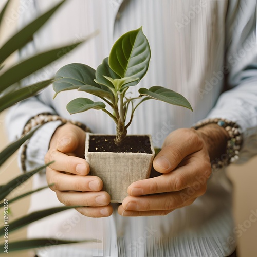 Close-up man holding small house plant