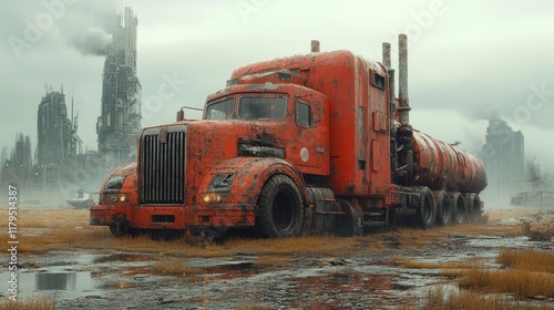 Rusty Red Truck in Industrial Setting. Generative AI photo