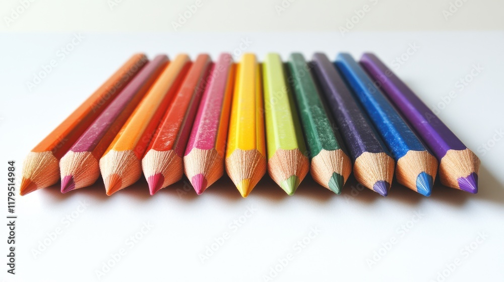Rainbow of Colored Pencils: A vibrant collection of colored pencils arranged in a row, showcasing their rich hues and sharp points. Perfect for projects related to art, creativity, and education. Rainbow of Colored Pencils: A vibrant collection of colored pencils arranged in a row, showcasing their rich hues and sharp points. Perfect for projects related to art, creativity, and education.