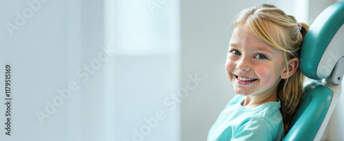 Banner with little blonde-haired girl in dentist's chair, satisfied with treatment, on light background with space for text. Children's dentistry, routine checkup, no fear of treatment and pain