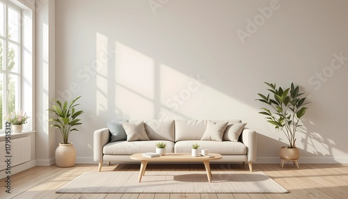 Scandinavian Style Interior with Sofa, Coffee Table, and Pastel Colors, Featuring an Empty Wall Mock-Up
 photo