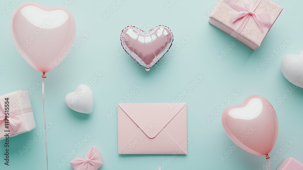 Flat lay of Valentine’s Day-themed items, including gifts, heart-shaped balloons, and a empty letter on a pastel background.
Flat lay of Valentine’s Day-themed items, including gifts, heart-shaped balloons, and a empty letter on a pastel background.