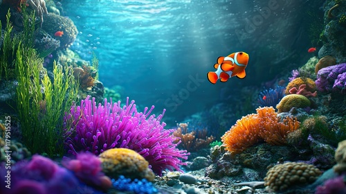 Clownfish swimming in vibrant coral reef, underwater scene.  Perfect for ocean life documentaries. photo