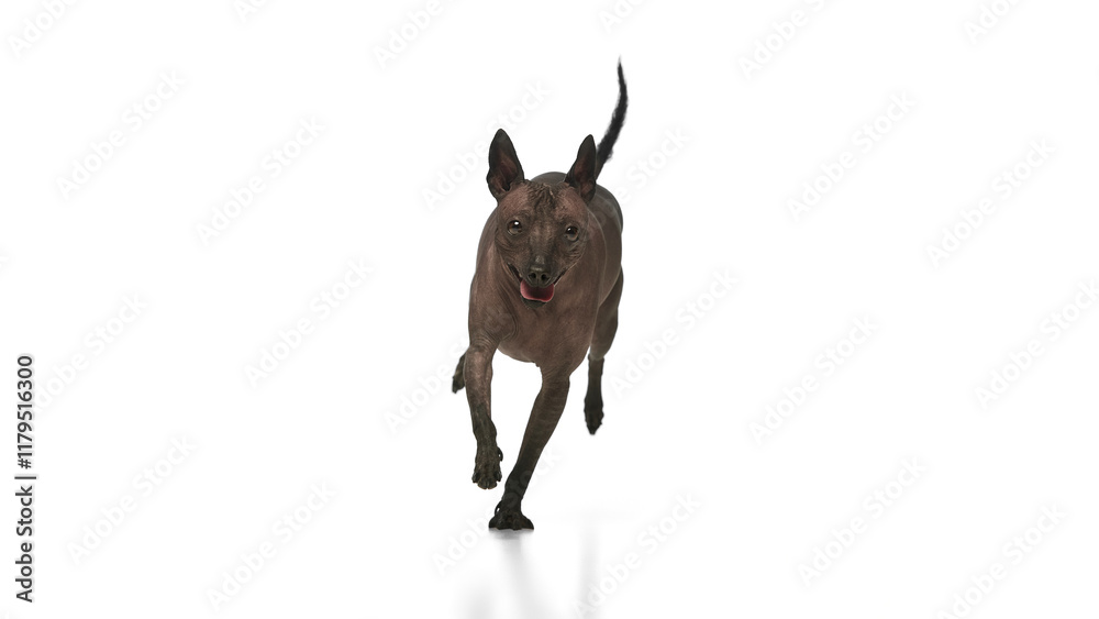 Fototapeta premium Purebred hairless Xoloitzcuintli Mexican dog running with tongue sticking out against white background. Pet health and nutrition. Concept of animals, vet care, pets, companion. Copy space for ad