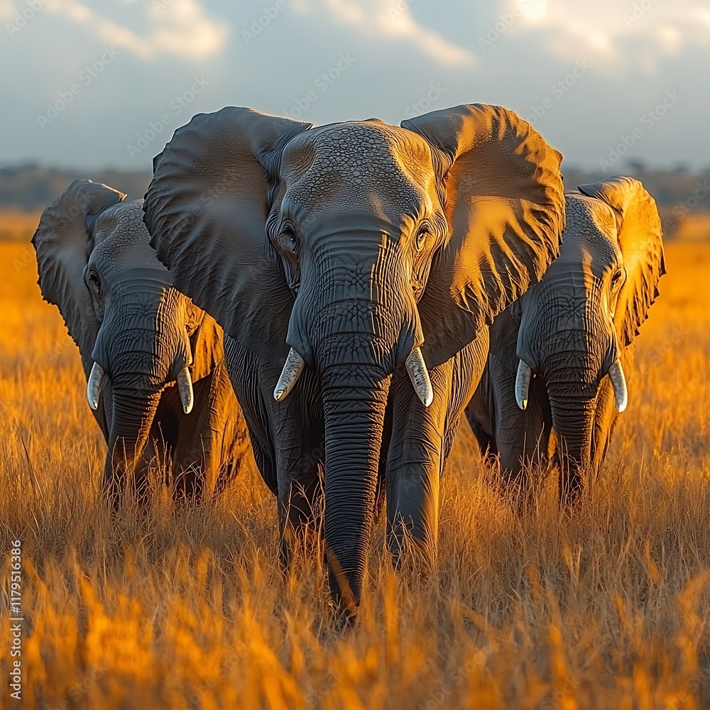 Fototapeta premium A captivating wildlife photograph displaying majestic elephants roaming freely across savannah landscape emphasizing strength grace intelligence reminding importance conservation efforts protecting 
