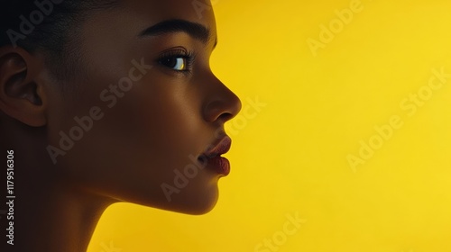 A woman in profile against a vibrant yellow background, showcasing her beauty and elegance in simple lines and soft features.