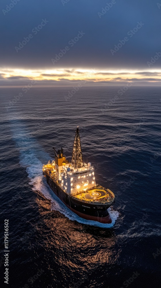 Fototapeta premium An oil production station stands tall on the open sea, illuminated by gas flames, with a dark blue sky and clouds surrounding it