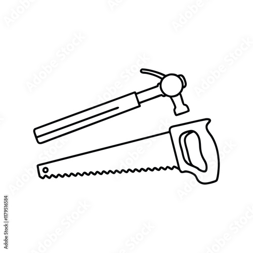  Hammer and saw Line art flat vector illustration on white background