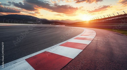 A race track with a red and white line on the road. The sun is setting in the background
