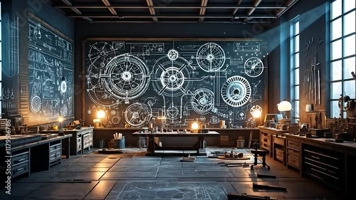 Inventive workshop with intricate mechanical diagrams drawn on chalkboard wall and various tools in a creative space

 photo