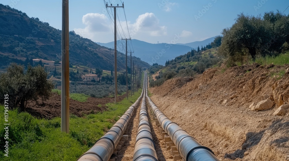 Geothermal power plant features a hot water wellhead, pipes, and cables in lush hills alongside an electric power line Geothermal power plant features a hot water wellhead, pipes, and cables in lush hills alongside an electric power line