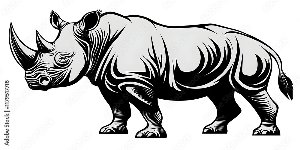 Fototapeta premium Engraving illustration of a rhinoceros, simple vector line art, white background, isolated on the same layer, high resolution, clipart style, hand-drawn, vintage engraver, 2D design, high contrast, 