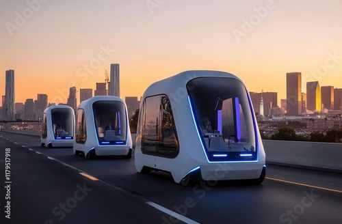 Three white vehicles with blue lights are driving down a road. The vehicles are futuristic and appear to be part of a city photo