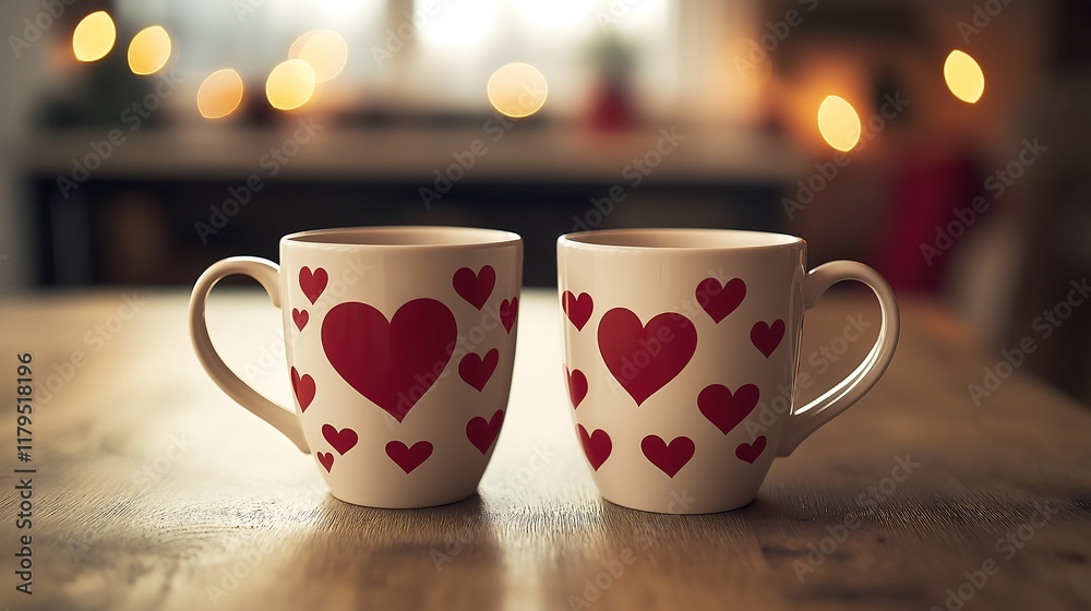 Fototapeta premium Matching Valentine’s gifts for couples: two coffee mugs with cute love theme.