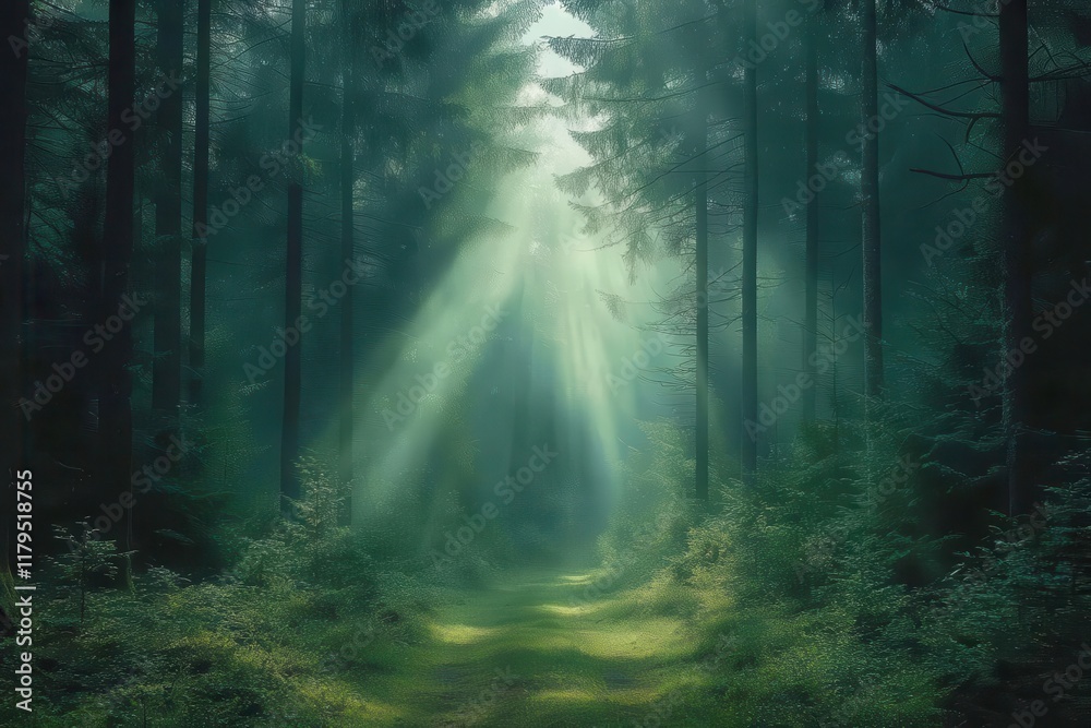 Fototapeta premium enchanted misty forest path through ancient pine trees with ethereal sunbeams breaking through dense green canopy in early morning light