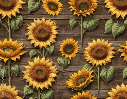 Rustic Wooden Background with Vibrant Sunflowers Seamless Pattern