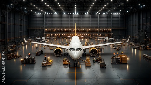 Aircraft maintenance hangar, technical crew working, advanced diagnostic equipment, industrial lighting Ultra-Realistic, Photo Realistic, highly detailed, 