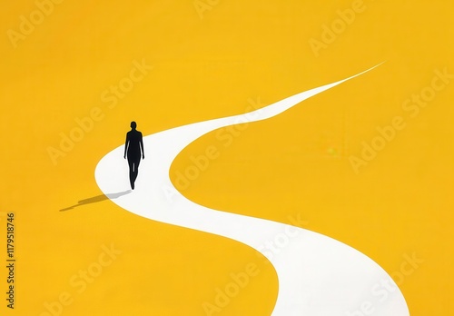 A woman walks down a yellow and white road. The road is curved and he is a path leading somewhere. The woman is walking alone, and the scene gives off a sense of solitude and introspection