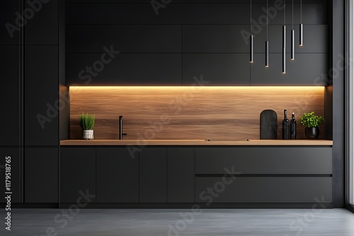 Black kitchen with wooden backsplash, modern kitchen interior.
