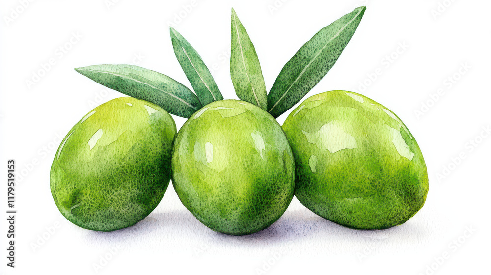 Obraz premium watercolor Vibrant watercolor of glossy green olives with leaves isolated design on white background