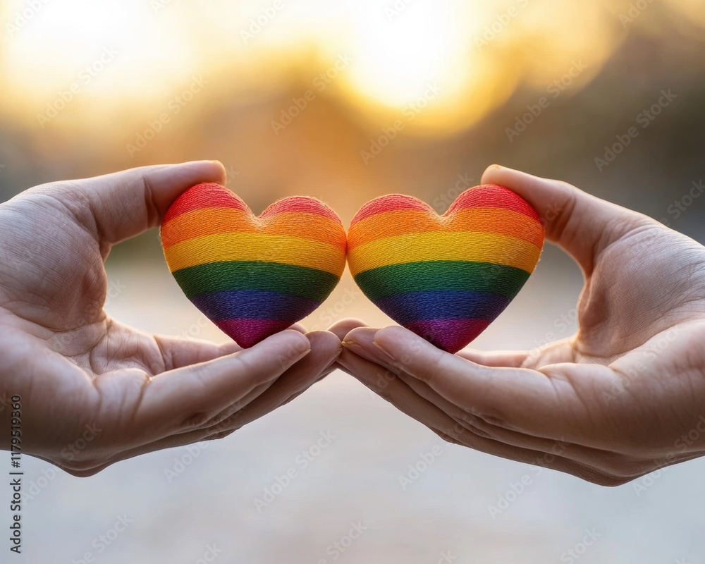 Two hands hold vibrant rainbow hearts, symbolizing love, acceptance, and LGBTQ+ pride. Two hands hold vibrant rainbow hearts, symbolizing love, acceptance, and LGBTQ+ pride.