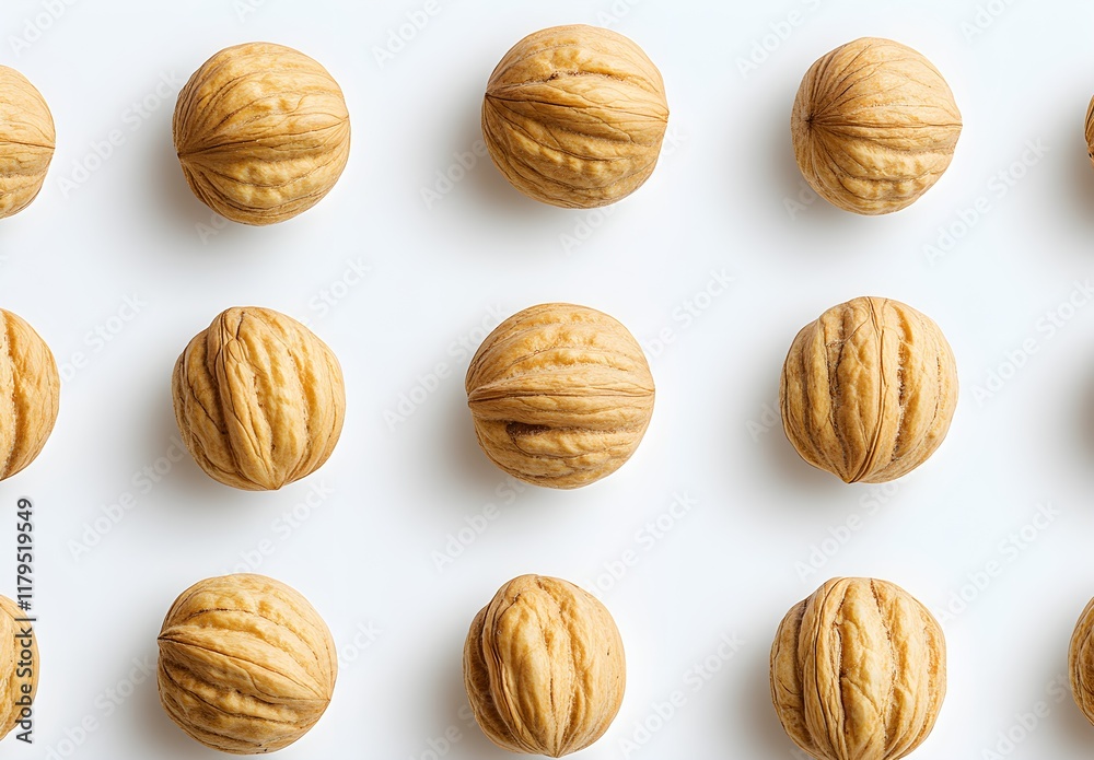 Flat lay of a pattern made from realistic photographic images of almond nuts on a white background, high resolution, studio lighting, natural light, soft colors, neutral color palette, high-key Flat lay of a pattern made from realistic photographic images of almond nuts on a white background, high resolution, studio lighting, natural light, soft colors, neutral color palette, high-key