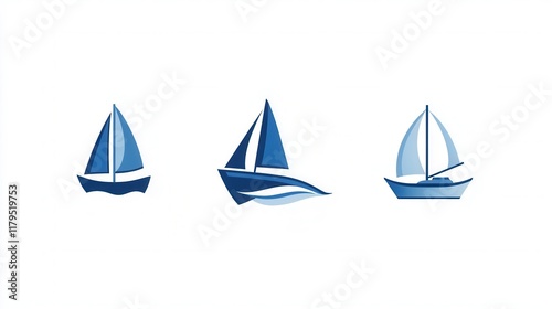 Three blue sailboats are shown in a row. The first boat is a small sailboat, the second is a larger sailboat, and the third is a large sailboat photo