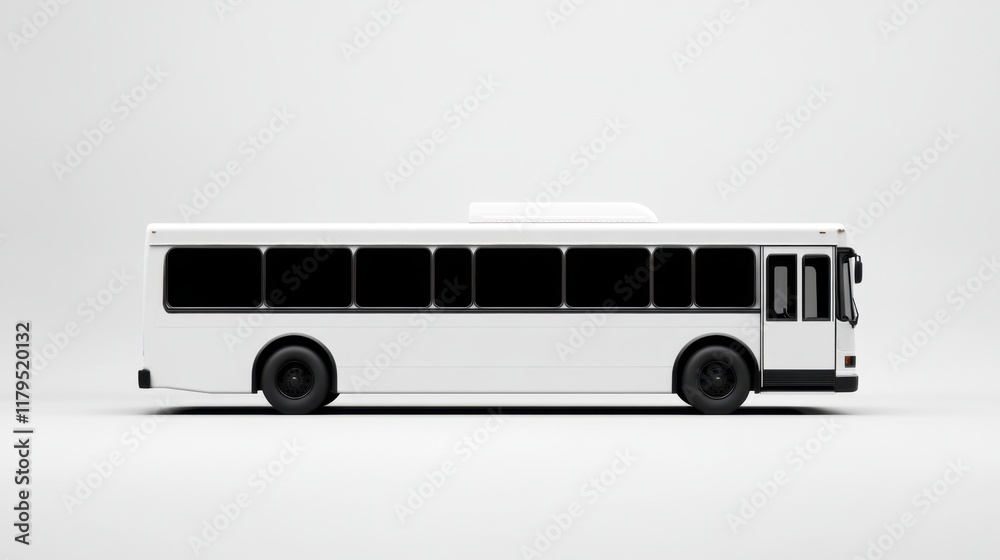 White, side-view rendering of a standard city bus on a plain white background White, side-view rendering of a standard city bus on a plain white background