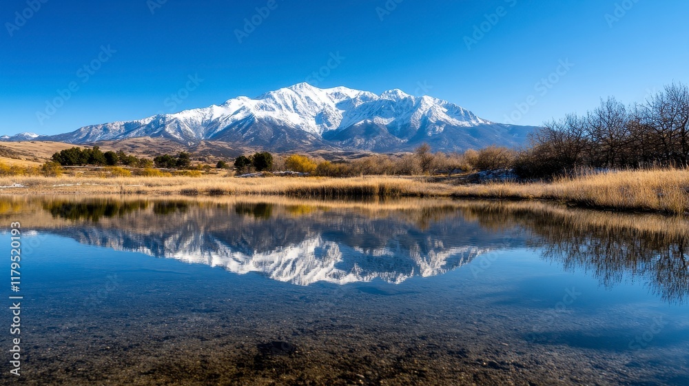Naklejka premium Snow-Capped Mountain Range Reflected in Tranquil Lake, Serene Landscape, Majestic Peaks, Mirror-Like Water Surface, Crisp Atmosphere