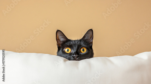 Black cat with yellow eyes peeking over a white pillow against beige background