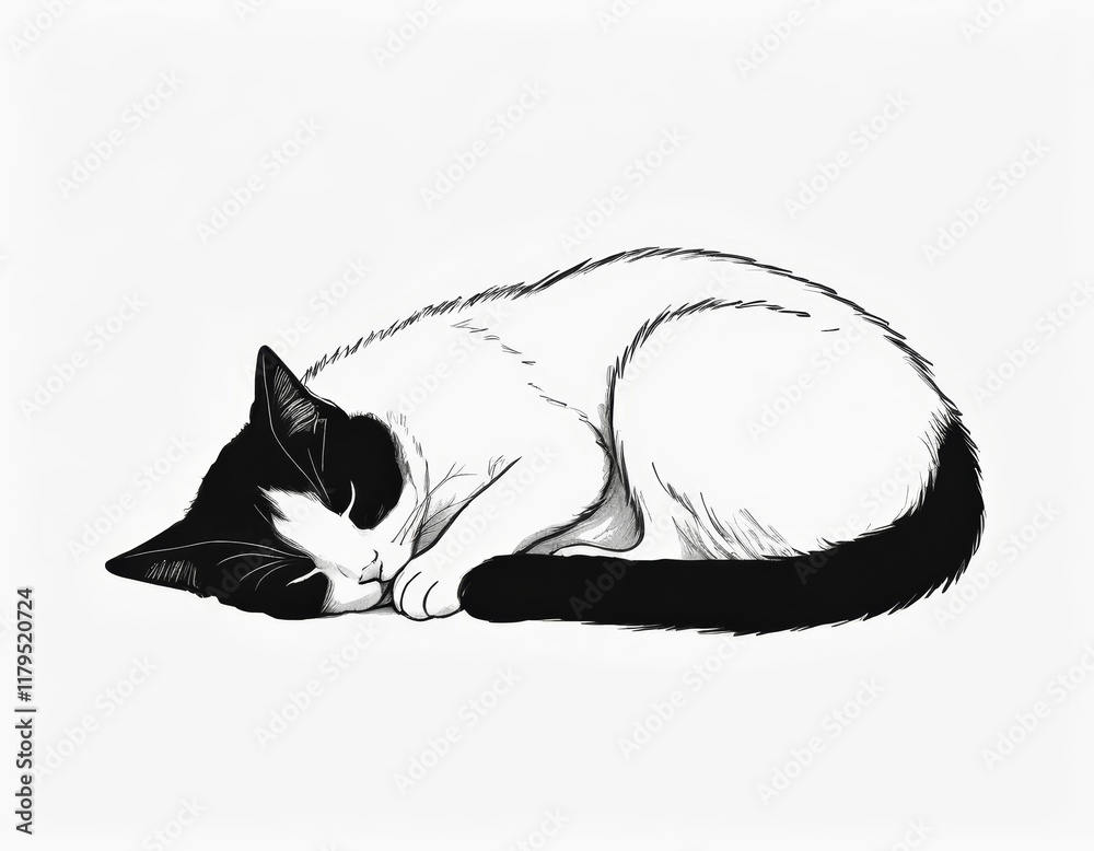 Serene Black and White Cat Sleeping Curled Up, Ink Drawing Illustration Serene Black and White Cat Sleeping Curled Up, Ink Drawing Illustration