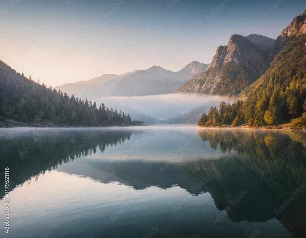 Serene Mountain Lake at Sunrise: Misty Reflections of Majestic Peaks and Lush Forests Serene Mountain Lake at Sunrise: Misty Reflections of Majestic Peaks and Lush Forests