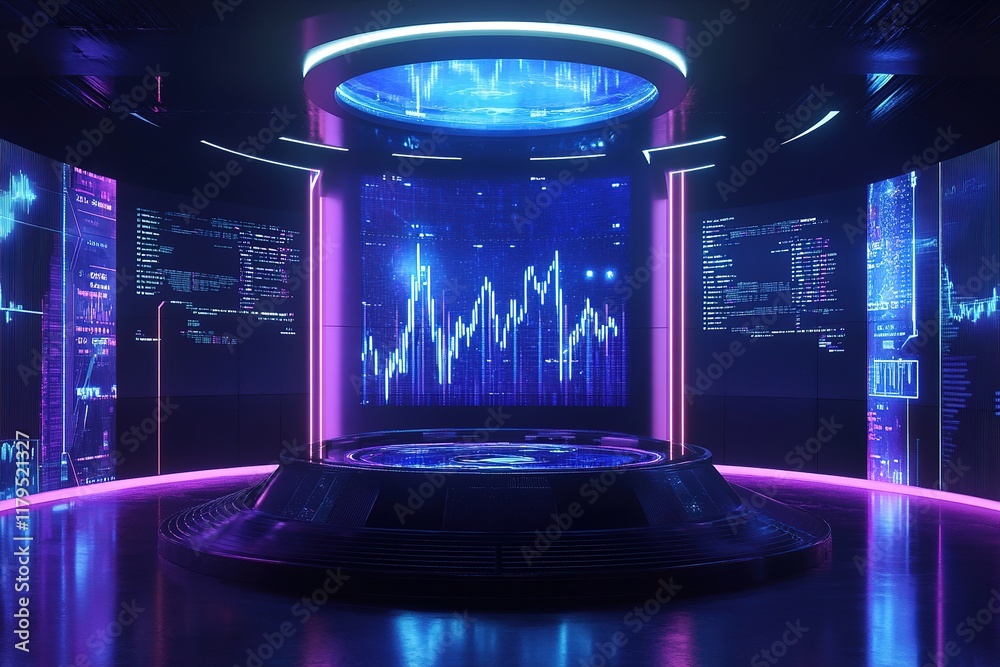 Obraz premium Advanced Holographic Financial Display Featuring Rising Stock Arrows and Key Statistics in a High-Tech Exchange Office 