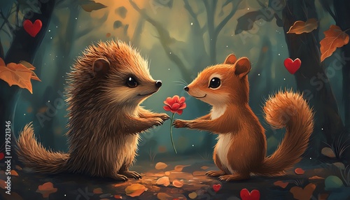 whimsical Valentine s Day card design, hedgehog giving flower to squirrel, forest scene with heartshaped leaves and mushrooms, love and nature, soft digital illustration photo