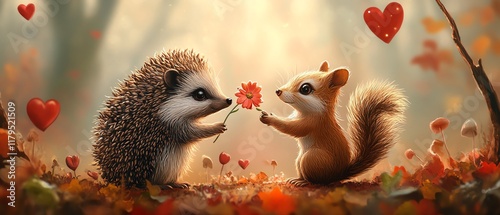 whimsical Valentine s Day card, forest scene with hedgehog gifting flower to squirrel, heartshaped leaves and mushrooms, romantic nature theme, soft digital art photo