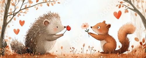 whimsical Valentine s Day card design, hedgehog giving flower to squirrel, forest scene with heartshaped leaves and mushrooms, love and nature, soft digital illustration photo