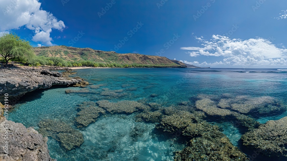 Tropical beach panorama clear water, coral reef, volcanic hills, sunny sky. Ideal for travel brochures. Tropical beach panorama clear water, coral reef, volcanic hills, sunny sky. Ideal for travel brochures.
