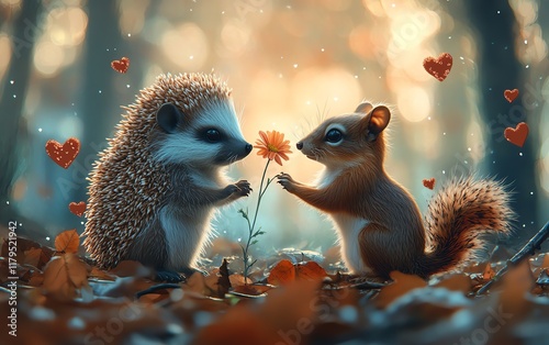 whimsical woodland Valentine s Day, hedgehog gifting flower to squirrel, heartshaped leaves, mushrooms, forest love scene, soft warm lighting, digital art photo