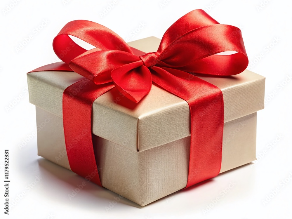Obraz premium Elegant Red Ribbon Gift Box on White Background - Perfect for Holiday or Birthday Stock Photo