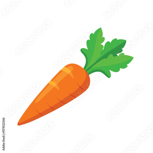 Fresh carrot with a vibrant green stem and lush green leaf isolated flat vector illustration on white background.