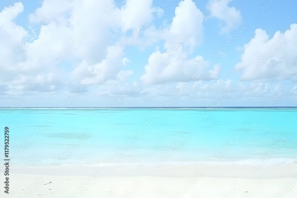 Tranquil Turquoise Paradise: Serene beach scene with pristine white sand, crystal-clear turquoise water, and a breathtaking blue sky dotted with fluffy white clouds. Perfect for travel, vacation. Tranquil Turquoise Paradise: Serene beach scene with pristine white sand, crystal-clear turquoise water, and a breathtaking blue sky dotted with fluffy white clouds. Perfect for travel, vacation.