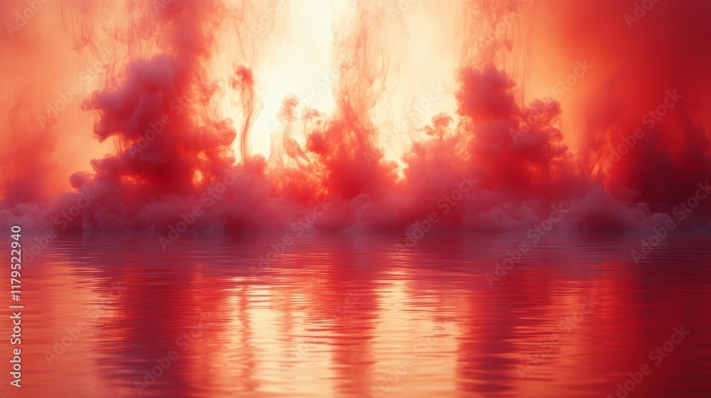 Vibrant Red Smoke Over Water. Generative AI Vibrant Red Smoke Over Water. Generative AI